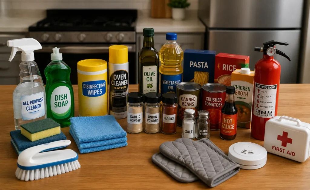 Organized kitchen essentials and safety items